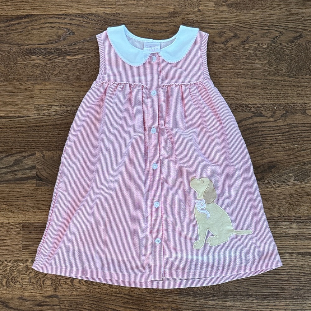 Stitchy Fish Light Red Seersucker Sleeveless Dress with Dog Applique